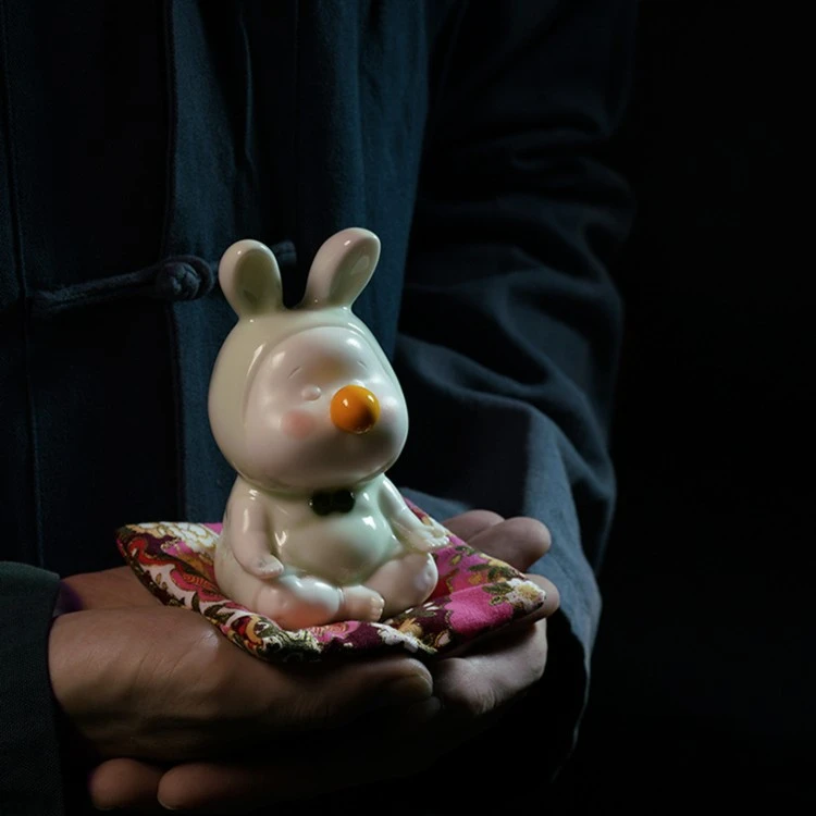 瑜伽静坐兔瑜伽吹气球兔子茶宠家居摆件创意可爱手工摆设中式茶具