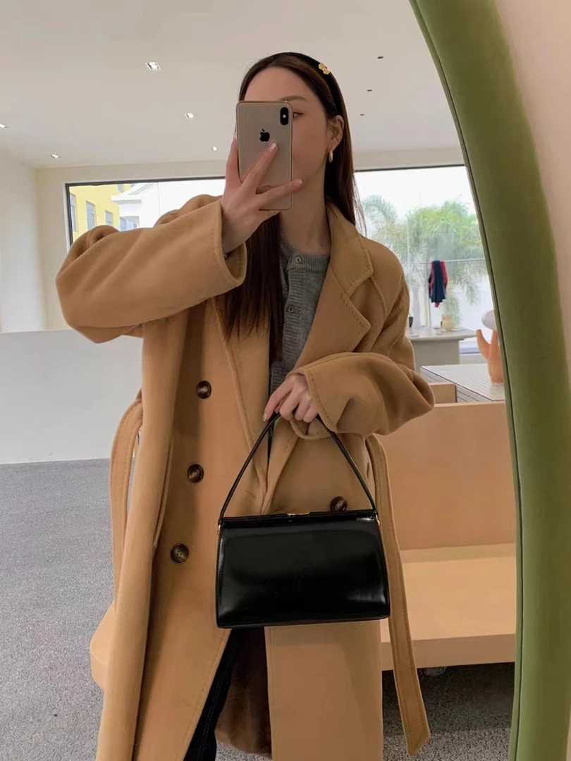 2023秋冬中长款赫本风高级感气质毛呢外套双面呢羊毛大衣A135