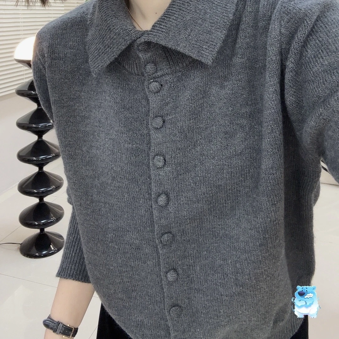 欧货重磅2024秋季新款灰色翻领针织衫女宽松休闲显瘦单排扣上衣潮