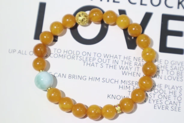 天然鸡油黄老蜜蜡8mm搭配海纹石925银