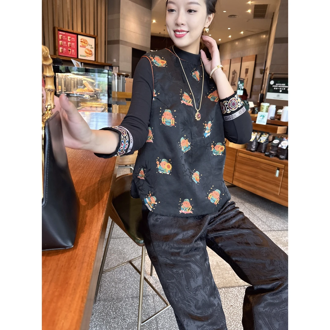 【老罗家】原创真羽绒背心桑蚕丝香云纱保暖新中式宽松休闲羽绒服