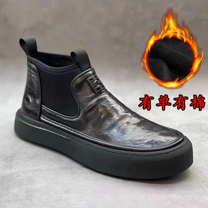 网红爆款靴子男真皮短靴加绒时尚百搭保暖舒适商务休闲高帮皮靴男