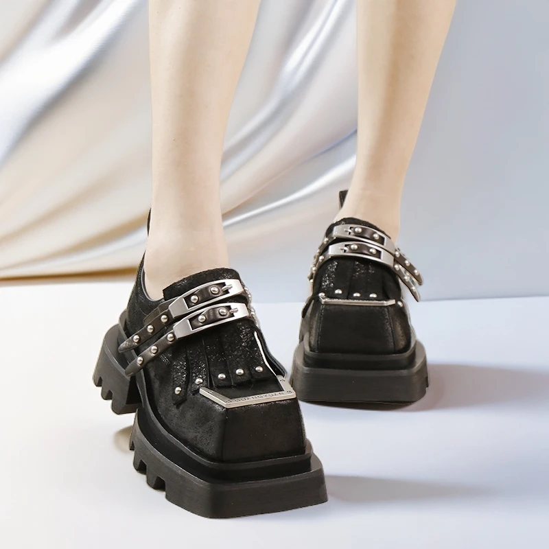 高货秋冬新款真皮厚底单鞋女个性时尚方头乐福鞋英伦风朋克女鞋潮