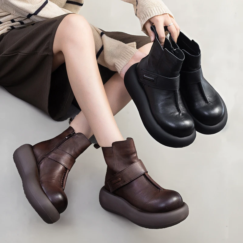 福利软底加绒秋冬新款头层牛皮圆头厚底韩版短靴复古休闲百搭女鞋