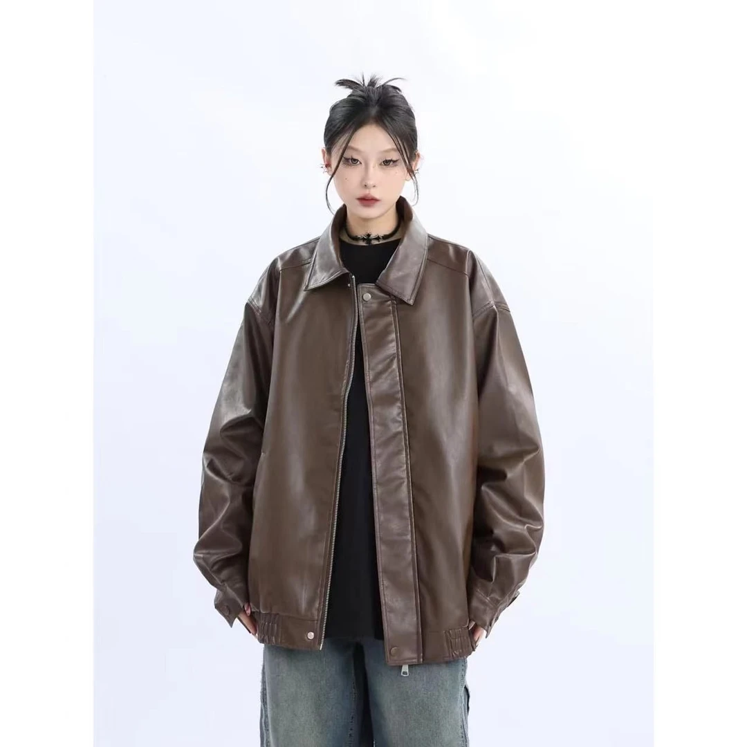 2024美式复古嘻哈PU皮外套春秋款ins男女宽松休闲机车皮衣夹克