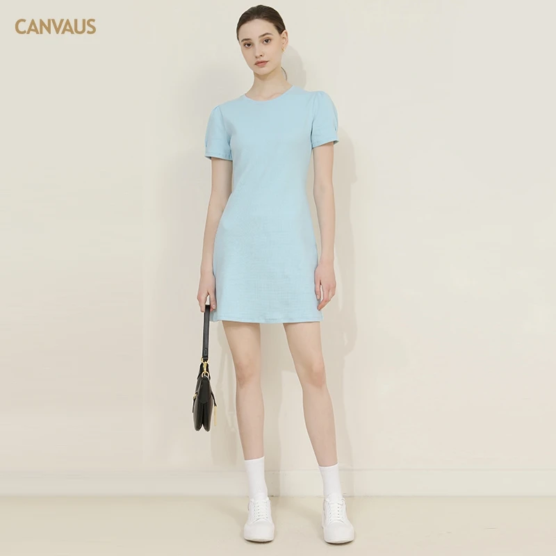 CANVAUS夏季短袖连衣裙女宽松气质韩系小个子泡泡袖圆领中腰裙子