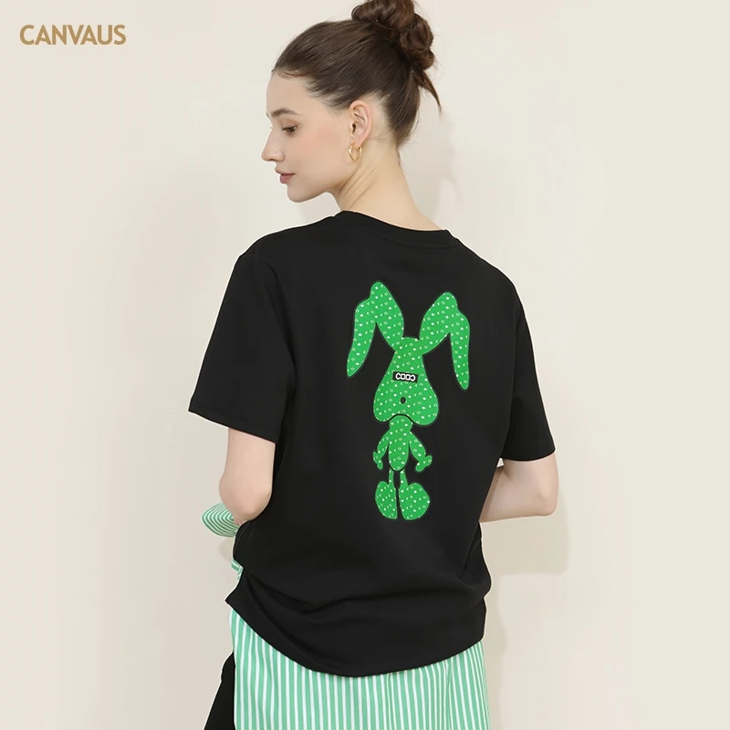 CANVAUS圆领兔子印花T恤女落肩短袖宽松黑色夏季棉质卡通女装上衣