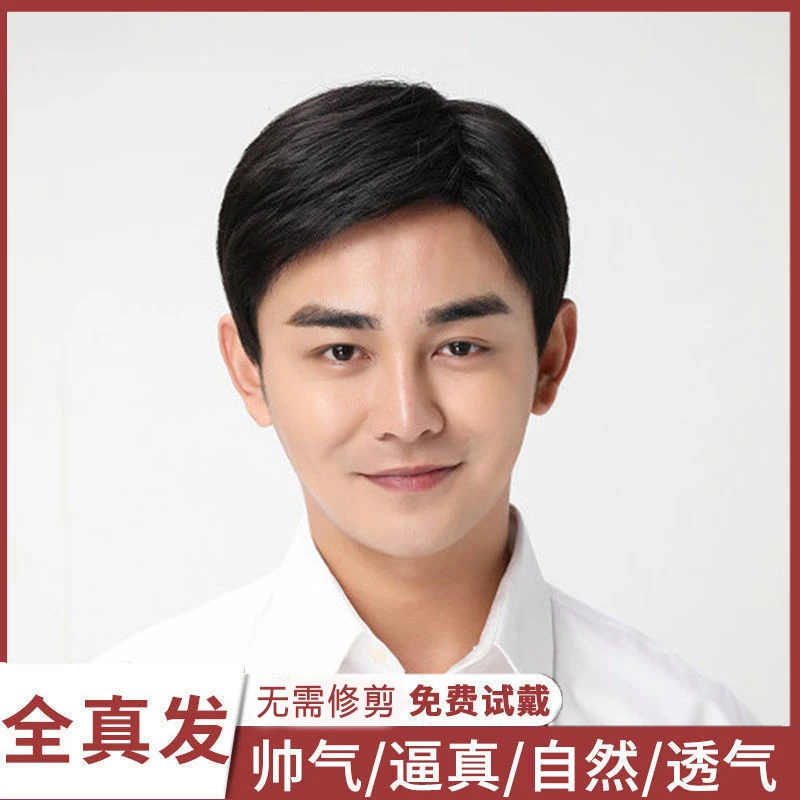 假发男士中老年爸爸款气质偏分短直发发型全真发丝透气自然全头套