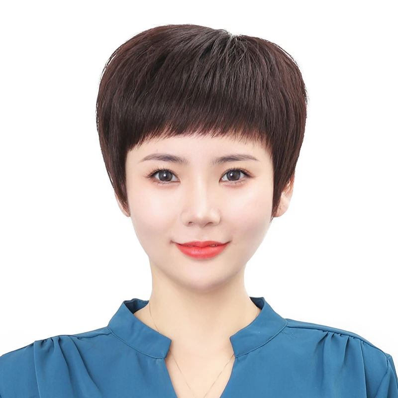 中老年假发套纹理真发短发女轻薄遮盖白发妈妈整顶全头套假发