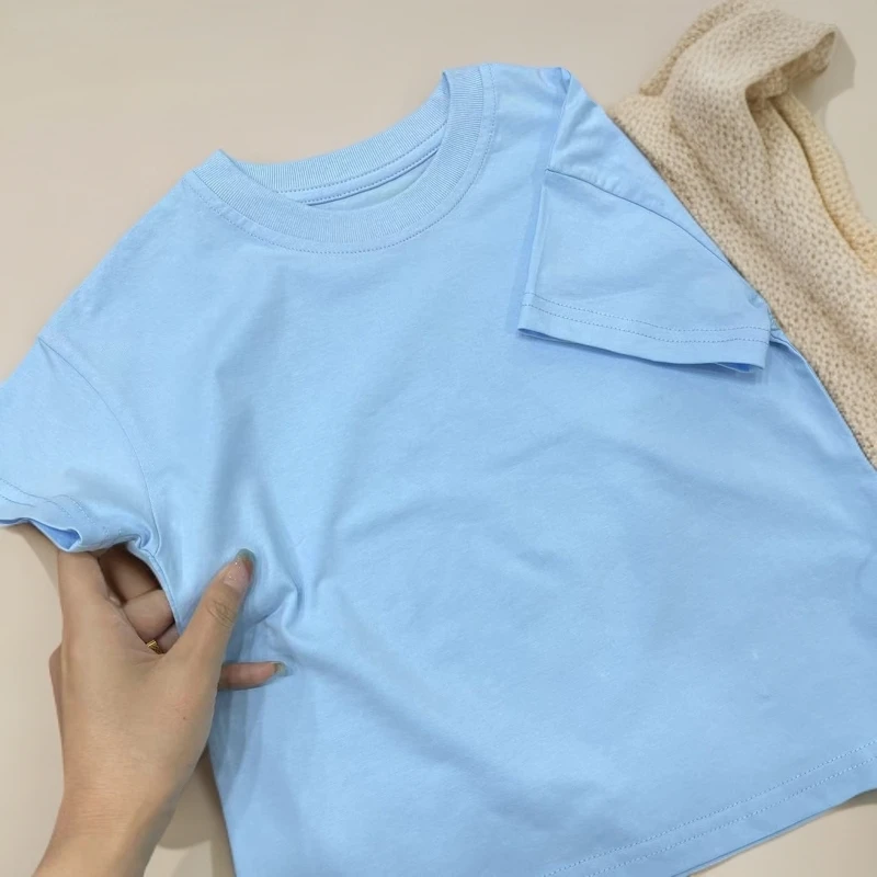 【L5393浅蓝色】萌娃穿搭男女童时尚休闲夏季圆领绣花冰瓷棉短袖T恤