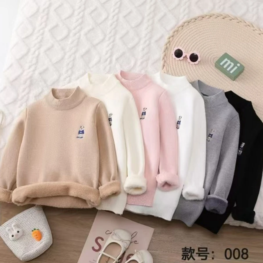 【008一体绒小熊刺绣毛衣】儿童秋冬净色加厚保暖一体绒毛绒针织