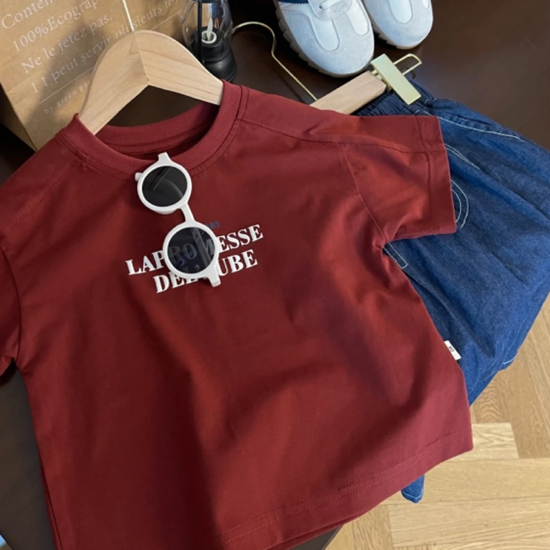 【复古枣红起泡T】儿童夏季时尚韩版圆领印花T上衣百搭洋气红色