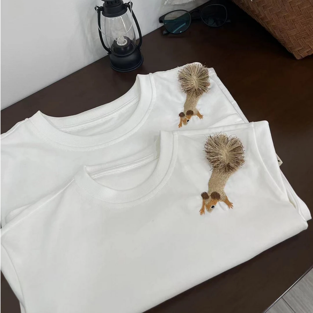 【小松鼠】儿童春秋季萌娃穿搭白色纯棉刺绣韩版圆领长袖套头上衣