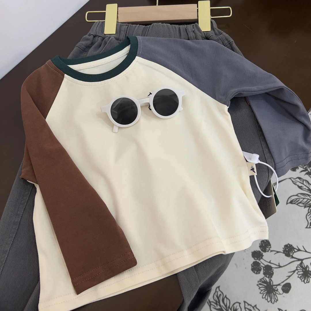 【L44030撞色袖子】秋季萌娃省心穿搭韩版圆领长袖插肩套头上衣纯棉