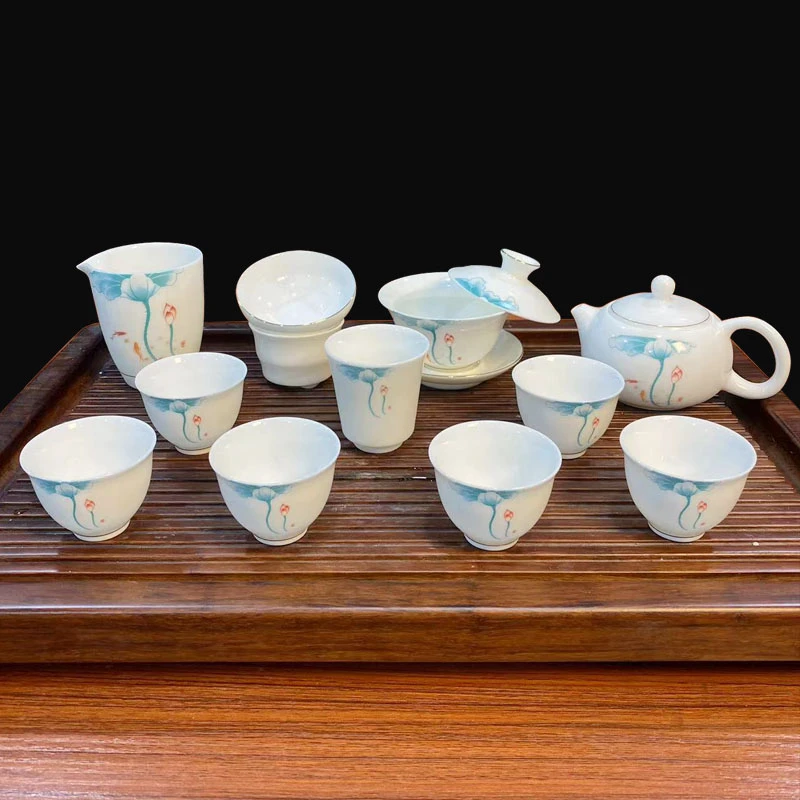荷趣羊脂玉白瓷套装高档家用功夫泡茶壶斗笠可悬停盖碗茶杯主人杯