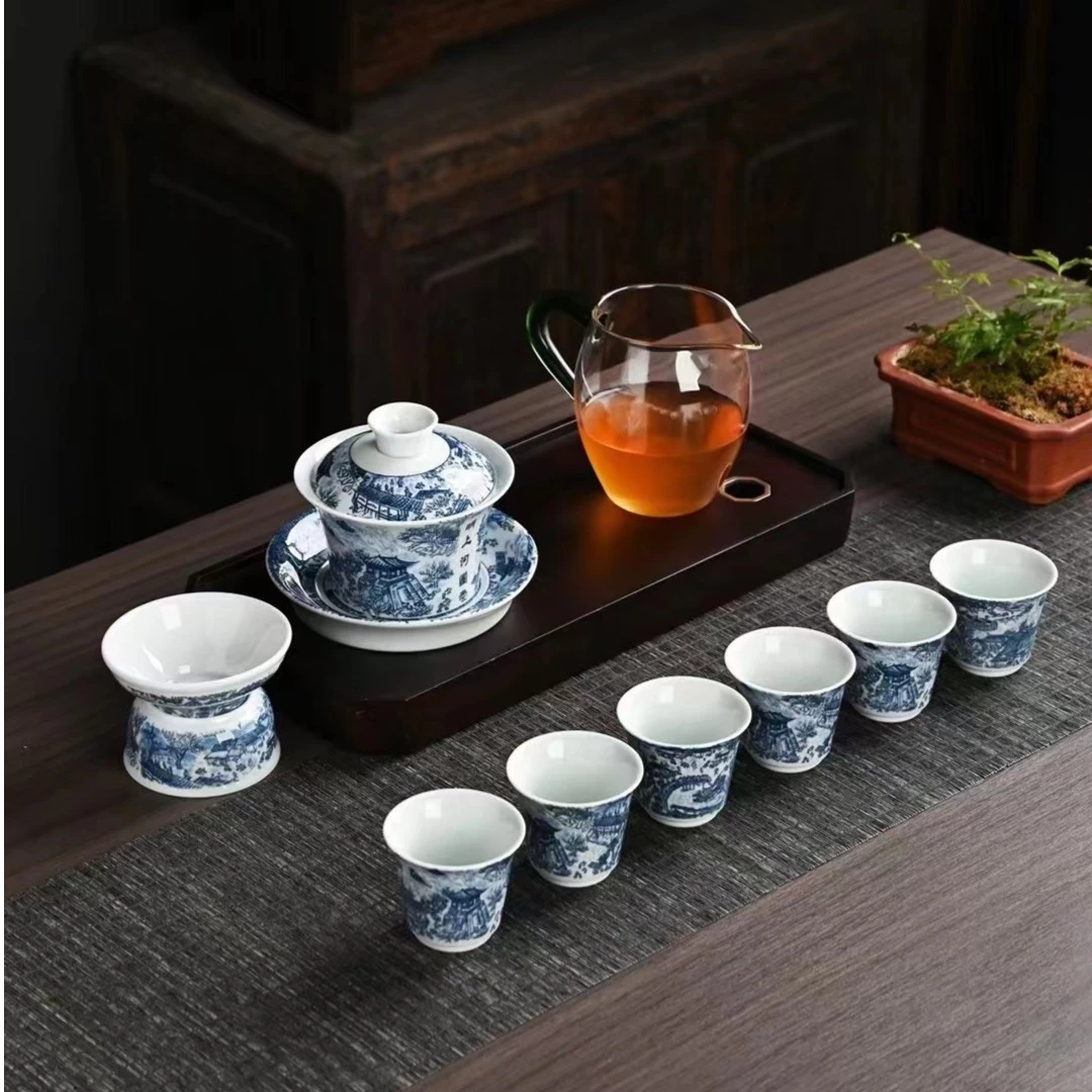 羊脂玉青花青明上河图功夫茶具套组三才盖碗家用会客国潮风复古