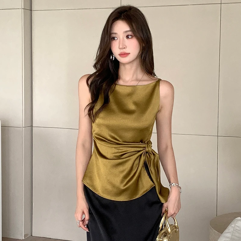 法式设计高级感重工缎面肌理扭结无袖背心女夏季新款气质显瘦上衣