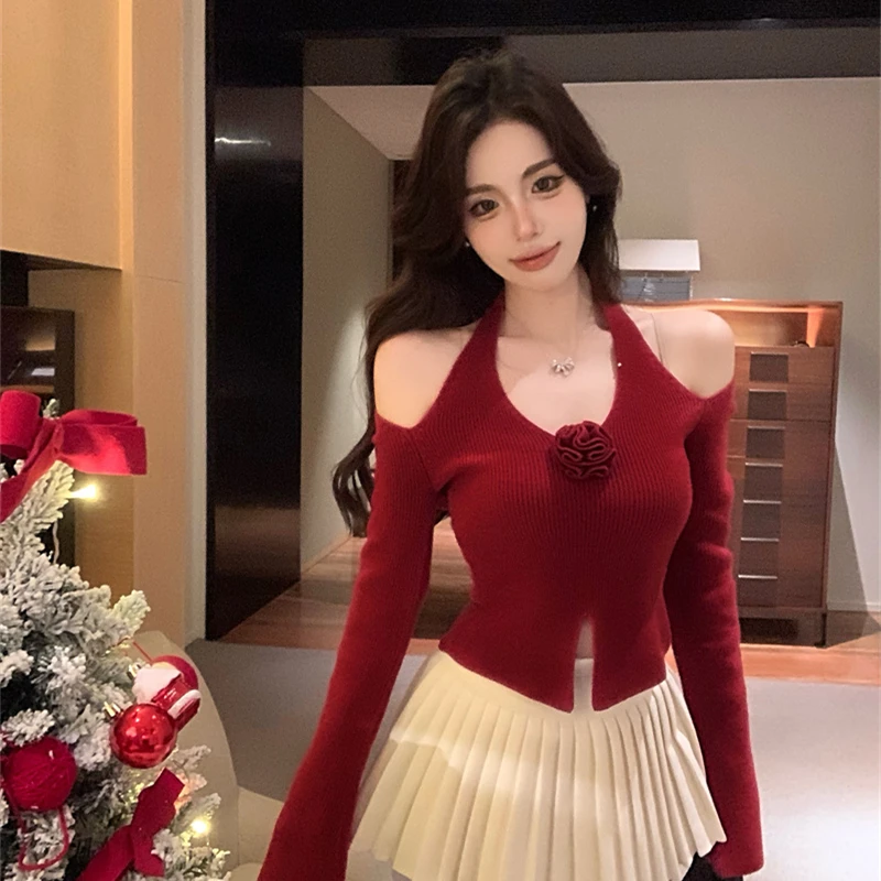 纯欲风辣妹V领挖肩挂脖短款上衣女设计感小众修身显瘦长袖针织衫