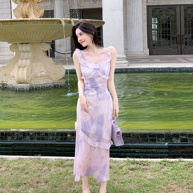 紫风铃法式小众温柔风吊带连衣裙女高级感气质优雅晕染荷叶边裙子