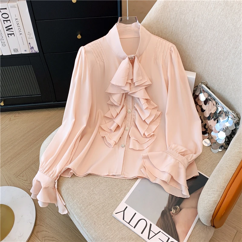 秋季新款法式复古宫廷风缎面小立领衬衫女气质显瘦喇叭袖别致上衣