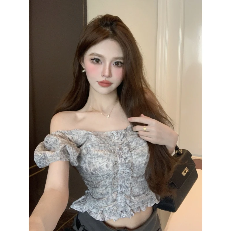 夏季新款纯欲甜辣风一字领短款上衣女设计感小众修身显瘦碎花衬衫