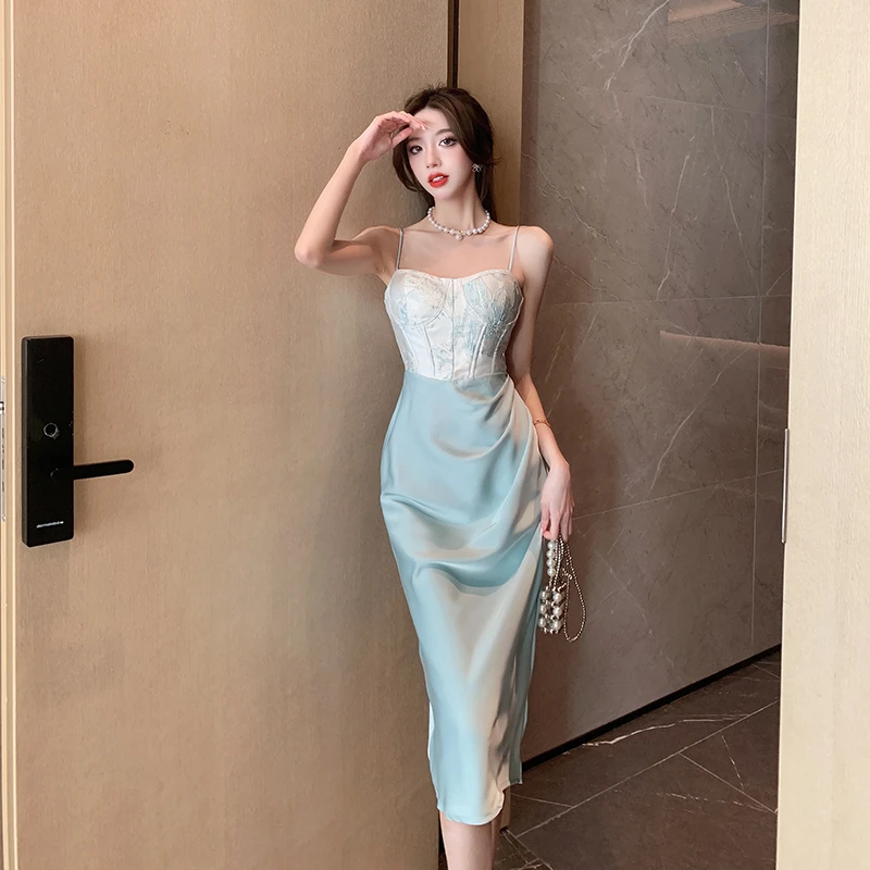 法式设计高级感拼接夏季吊带连衣裙女名媛气质显瘦包臀礼服裙子