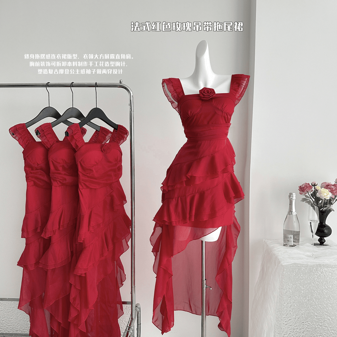 夏季新款法式复古红色玫瑰吊带拖尾连衣裙性感收腰显瘦海边度假裙