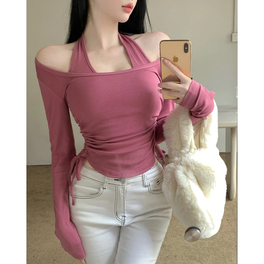 春秋新款纯欲风辣妹两件套长袖T恤女别致设计感小众挂脖短款上衣