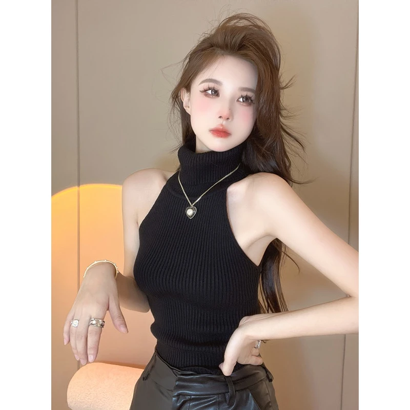 显瘦纯欲风辣妹高领露肩打底针织衫女黑色内搭打底短款无袖上衣