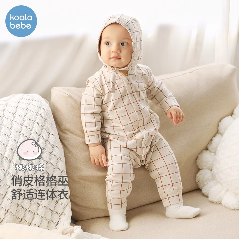 考拉鼻鼻婴儿连体衣秋款宝宝秋装长袖连身哈衣爬爬服超萌焦糖格子