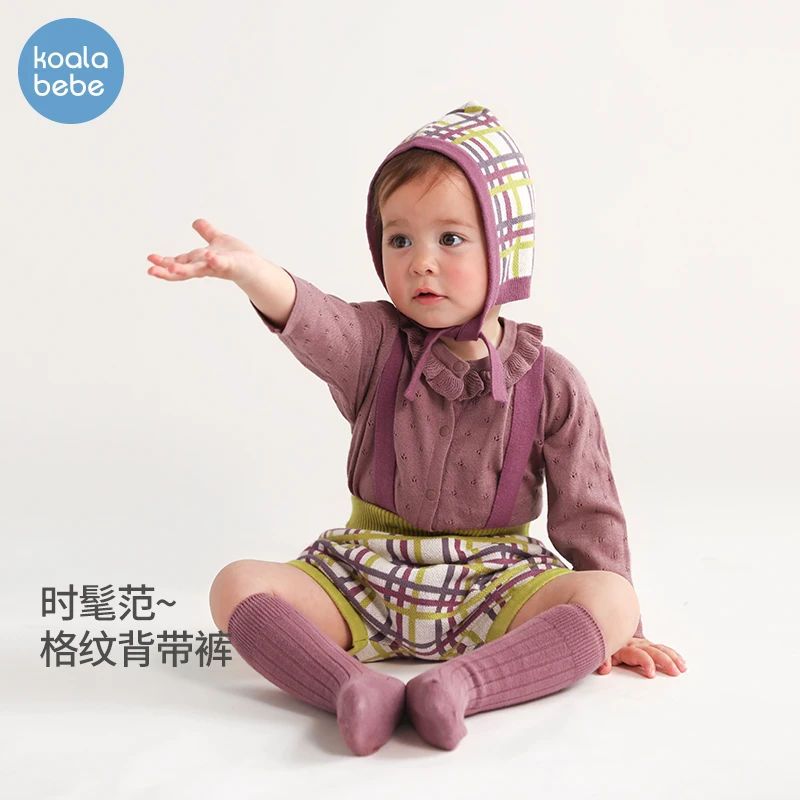 考拉鼻鼻宝宝针织背带裤春秋款连体包屁裤宝宝毛线短裤格纹四叶草