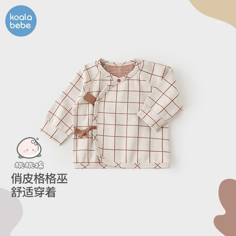 考拉鼻鼻新生婴儿上衣春秋装初生宝宝和尚服秋衣打底内衣焦糖格子