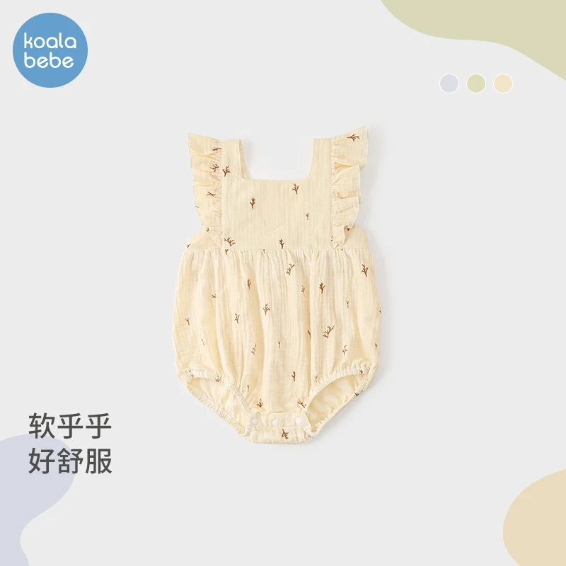 考拉鼻鼻婴幼儿无袖包屁衣夏季薄款宝宝纯棉哈衣三角爬印花皱皱纱