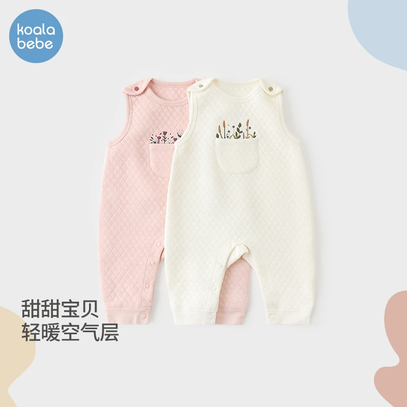 考拉鼻鼻婴儿可开档背带裤秋冬加棉裤子宝宝夹棉外穿长裤口袋花园