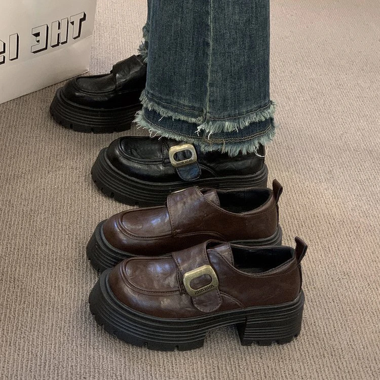 极简风春季百搭胶粘低跟黑色乐福鞋复古修面皮防滑皮鞋