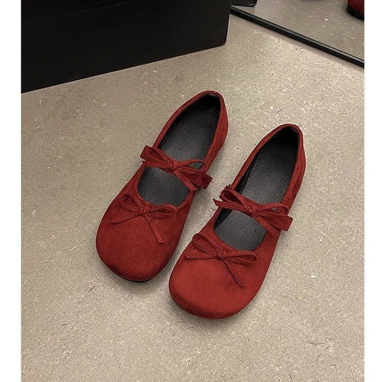 复古蝴蝶结绒面单鞋子新款2024年夏季浅口玛丽珍鞋外穿（5581长）