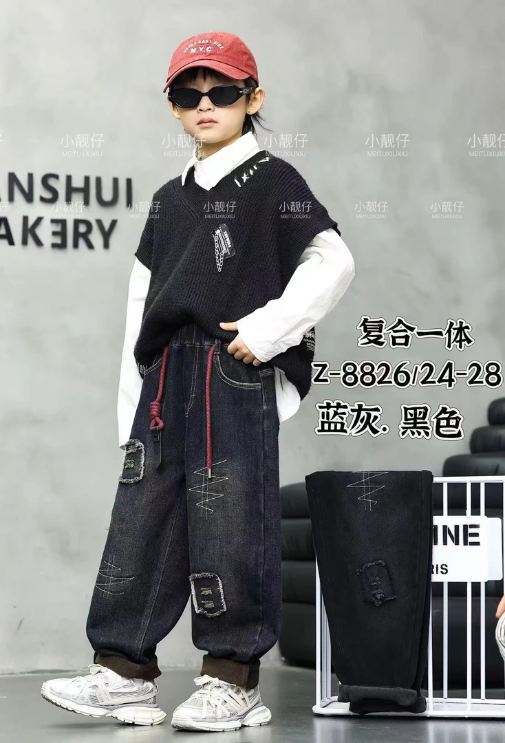 儿童高街风加绒牛仔裤深色破洞口袋设计冬季新款