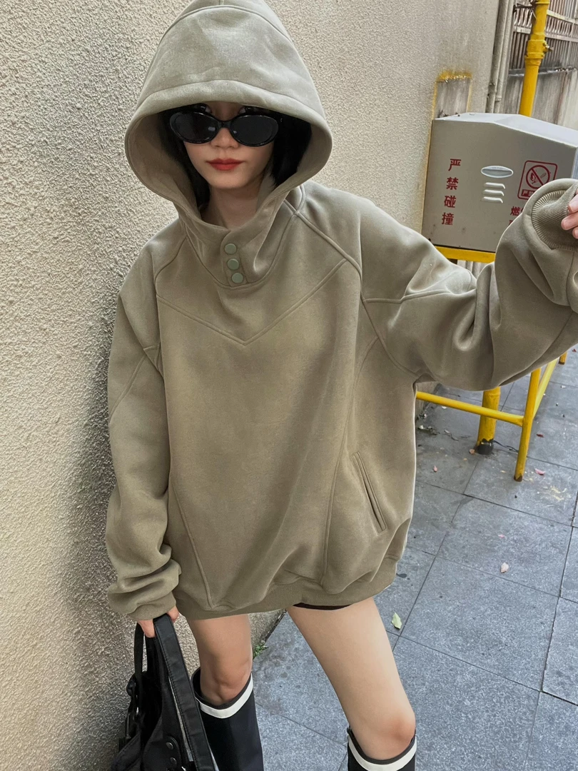 美式复古高街时尚百搭宽松加厚加绒连帽秋冬纯色慵懒风卫衣191