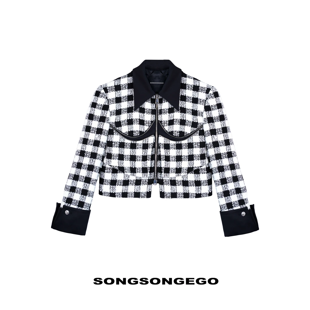 SONGSONGEGO独立原创小众设计师格子香风微笑短款拉链外套45769