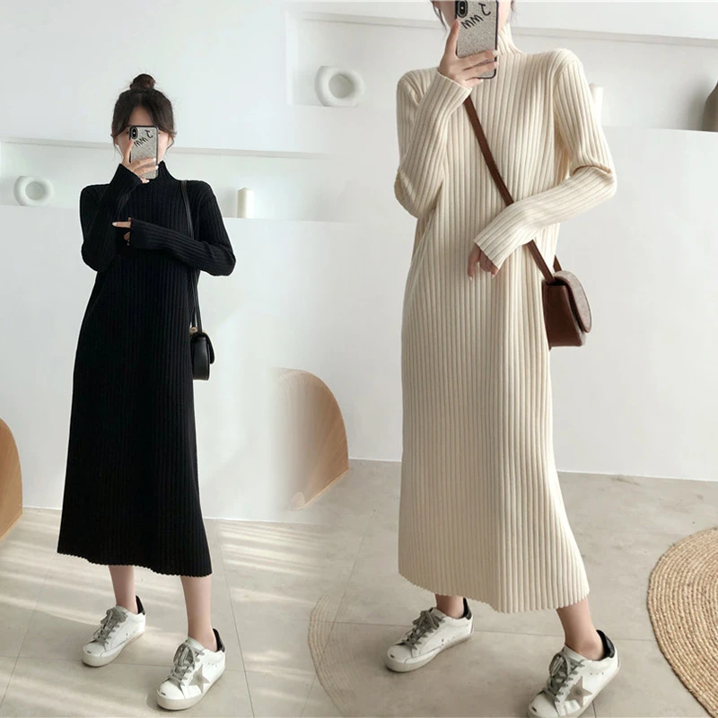 大码女装显瘦长款针织连衣裙200斤秋冬半高领宽松百搭打底衫毛衣