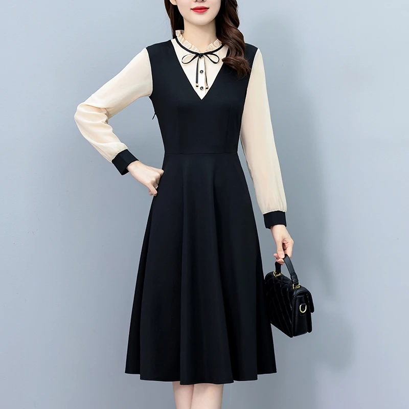 时尚气质拼色假两件套中长款大码女装胖mm春秋新款长袖连衣裙显瘦