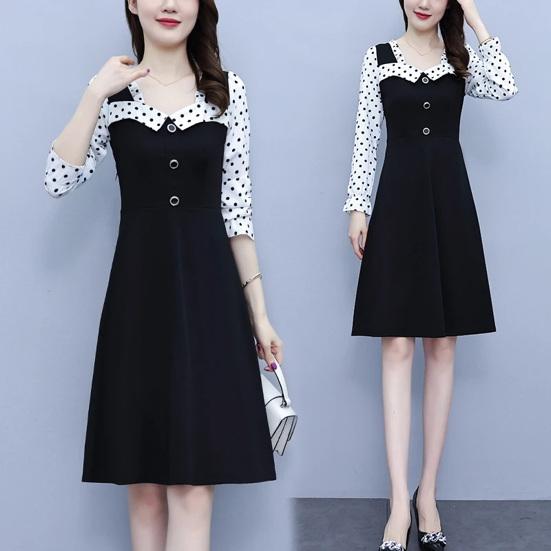 高端大码女装2025秋季胖mm波点喇叭袖拼接气质洋气长袖时尚连衣裙