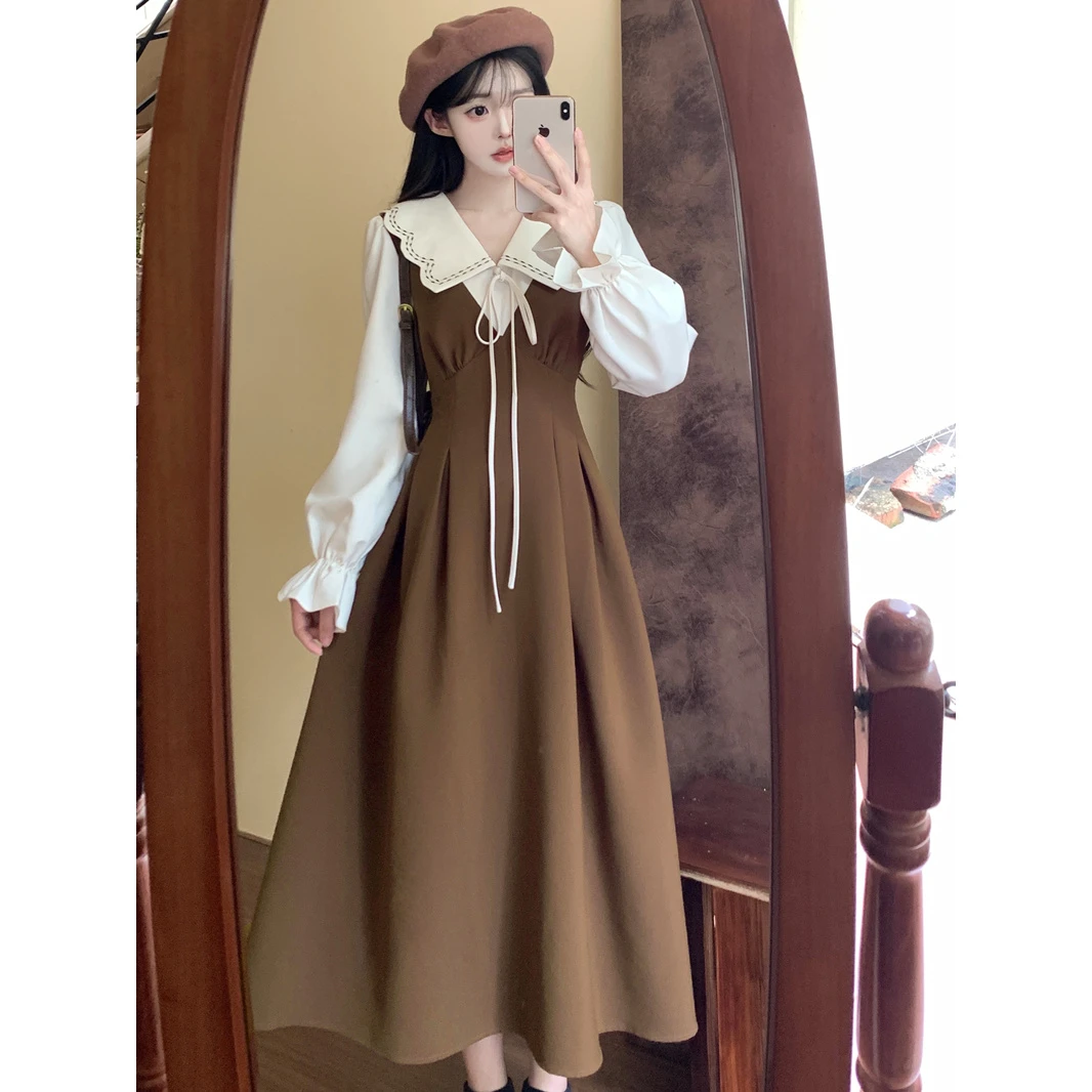 法式翻领气质连衣裙子女撞色假两件胖MM遮肉显瘦学院风过膝长裙女