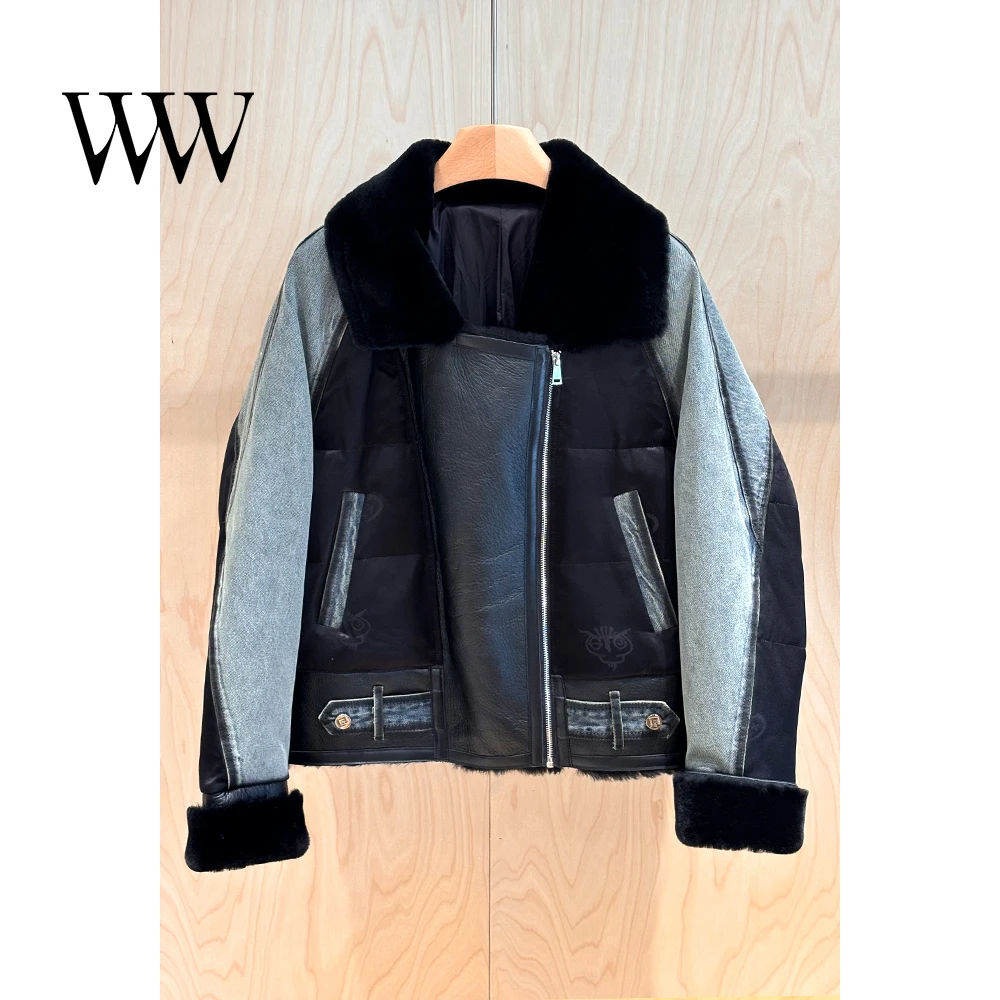 高端外套短款毛领牛仔皮衣时尚鹅绒填充冬季拼接设计女装