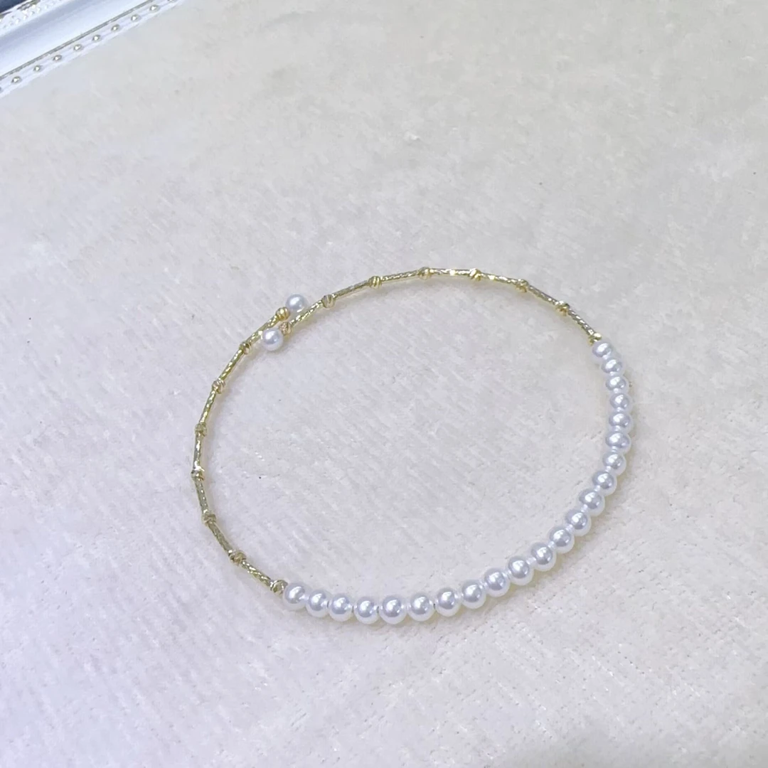 小米珠天然淡水珍珠手镯18K金baby珠4-5mm简约精致小仙女闭眼入