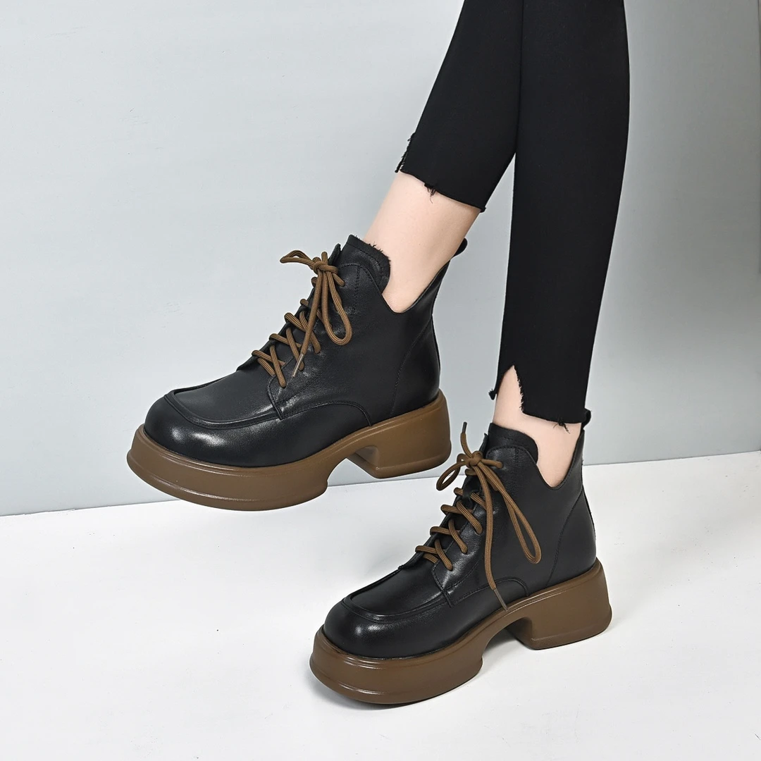 秋冬新款松糕厚底系带加绒时尚百搭马丁靴冬季粗跟真皮短靴895692