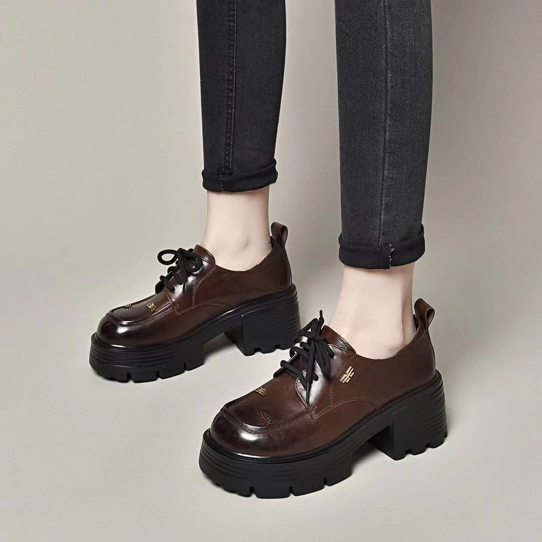复古时尚厚底增高乐福鞋百搭圆头高跟真皮休闲英伦风系带学院风