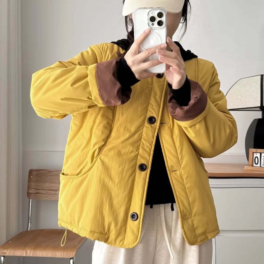 210斤大码宽松韩系百搭加厚棉服外套显瘦遮肉胖圆领拼色MM