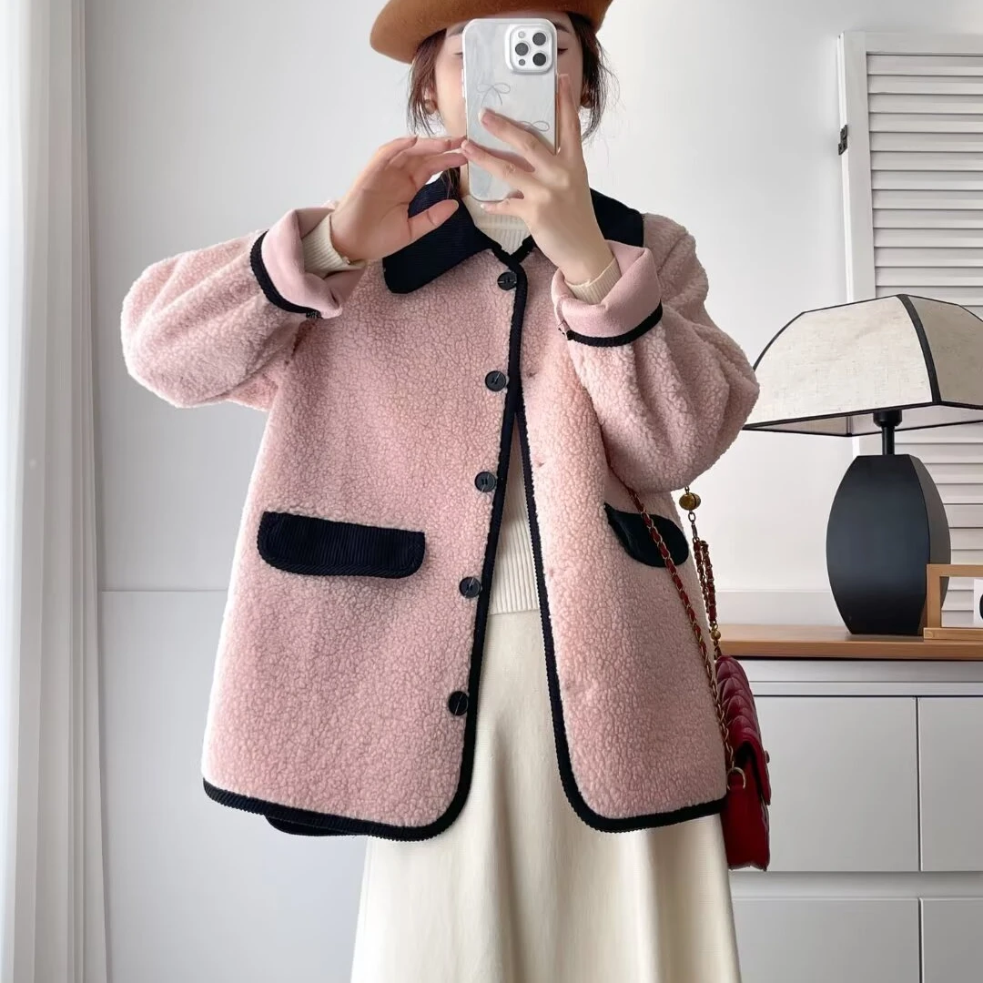 秋冬大码210撞色翻领显瘦上衣外套百搭洋气宽松遮肉韩系胖MM