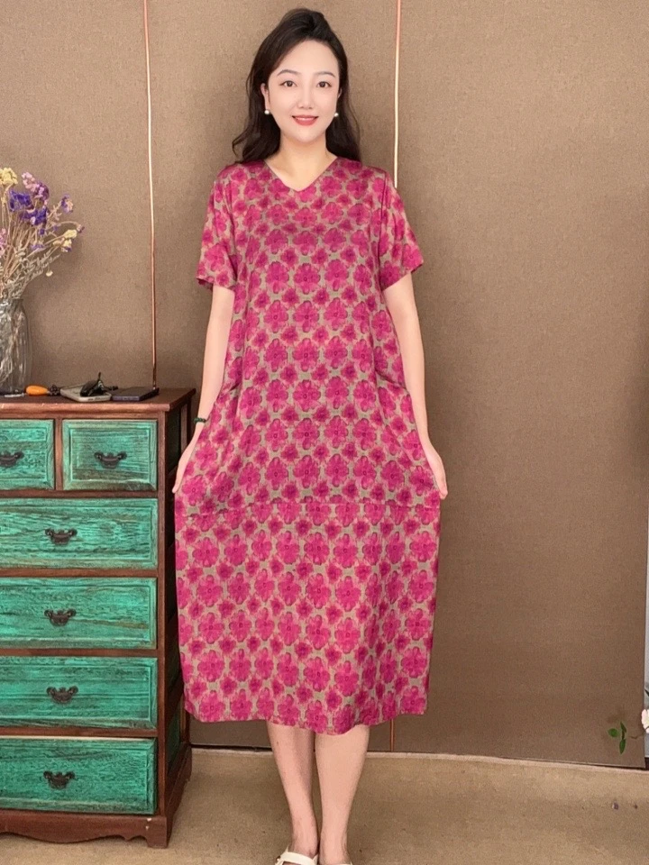 2024新款中国风常熟新中式肉复古显瘦女茧型丝麻连衣裙624